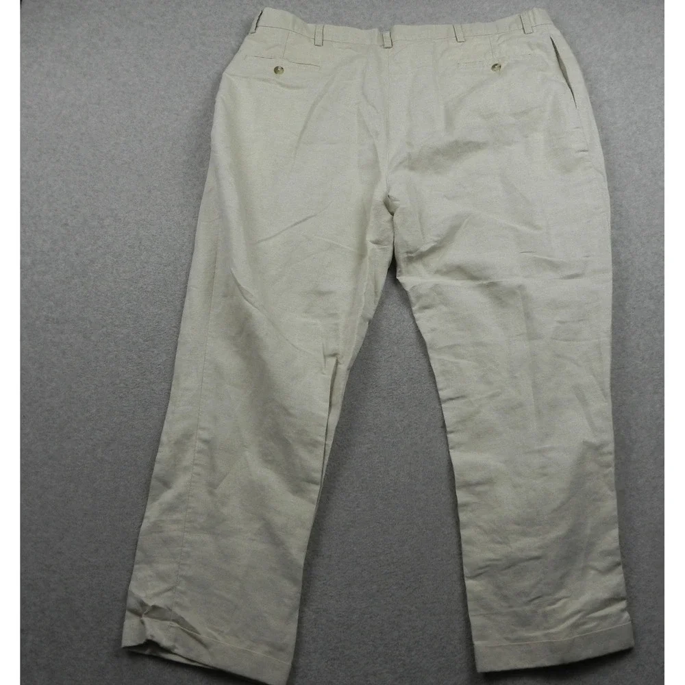 Roundtree & Yorke Pants Mens 44x30 Relaxed Fit Linen Cotton Pleated Cuffed Beige